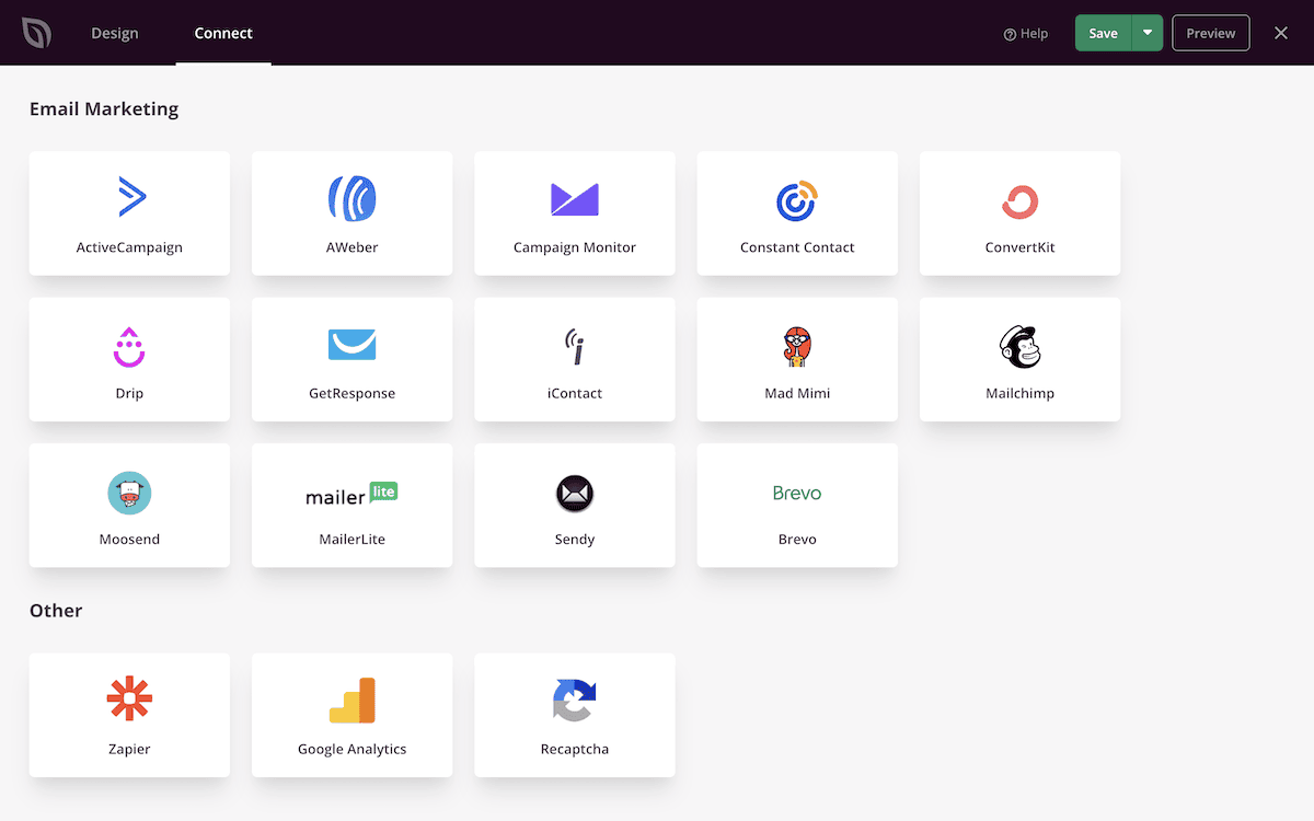 SeedProd の Connect インターフェイス。利用可能なさまざまな電子メール マーケティング統合が表示されます。