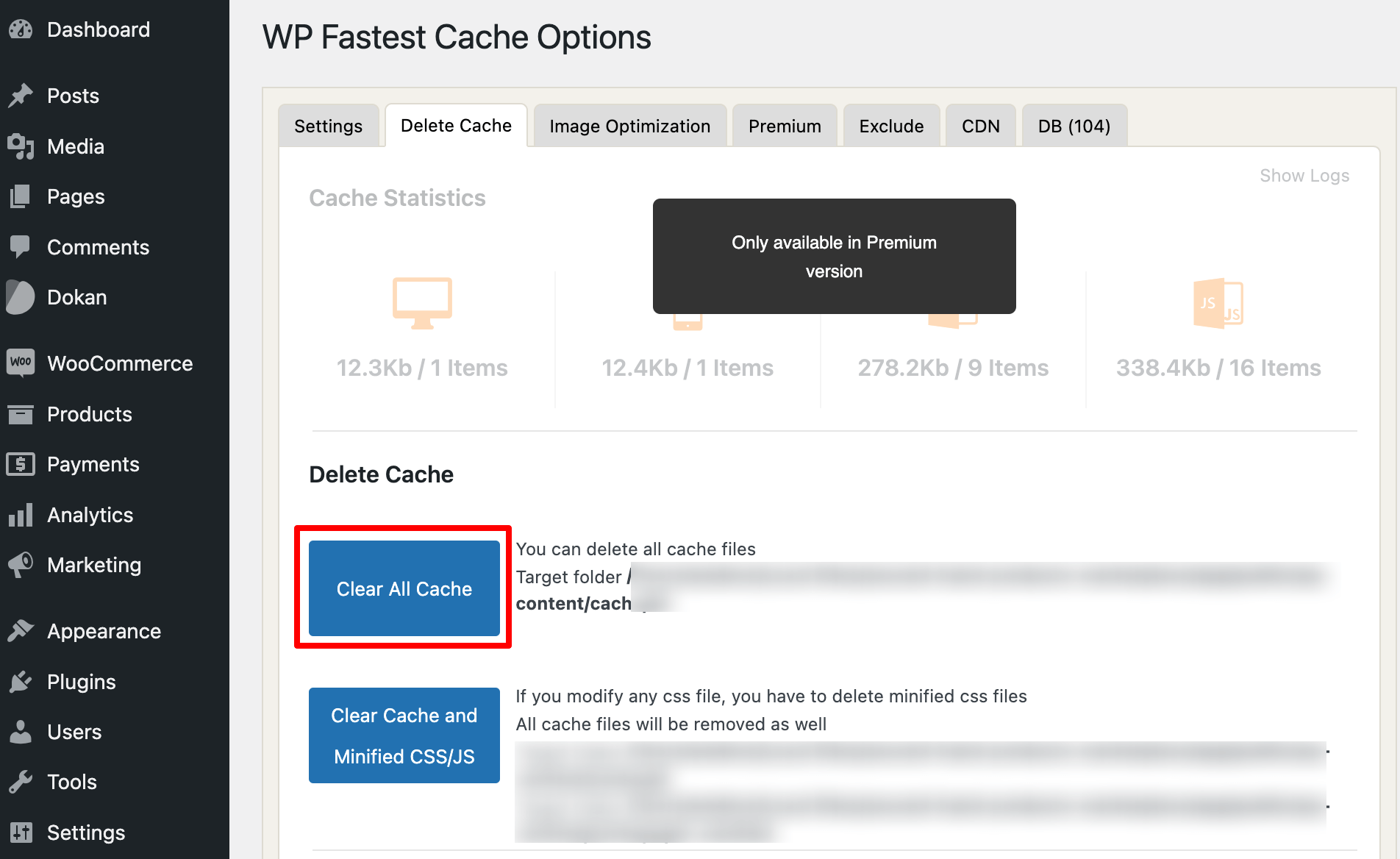 この画像は、WP Fastest Cache プラグインを使用してすべてのキャッシュを手動で削除する方法を示しています