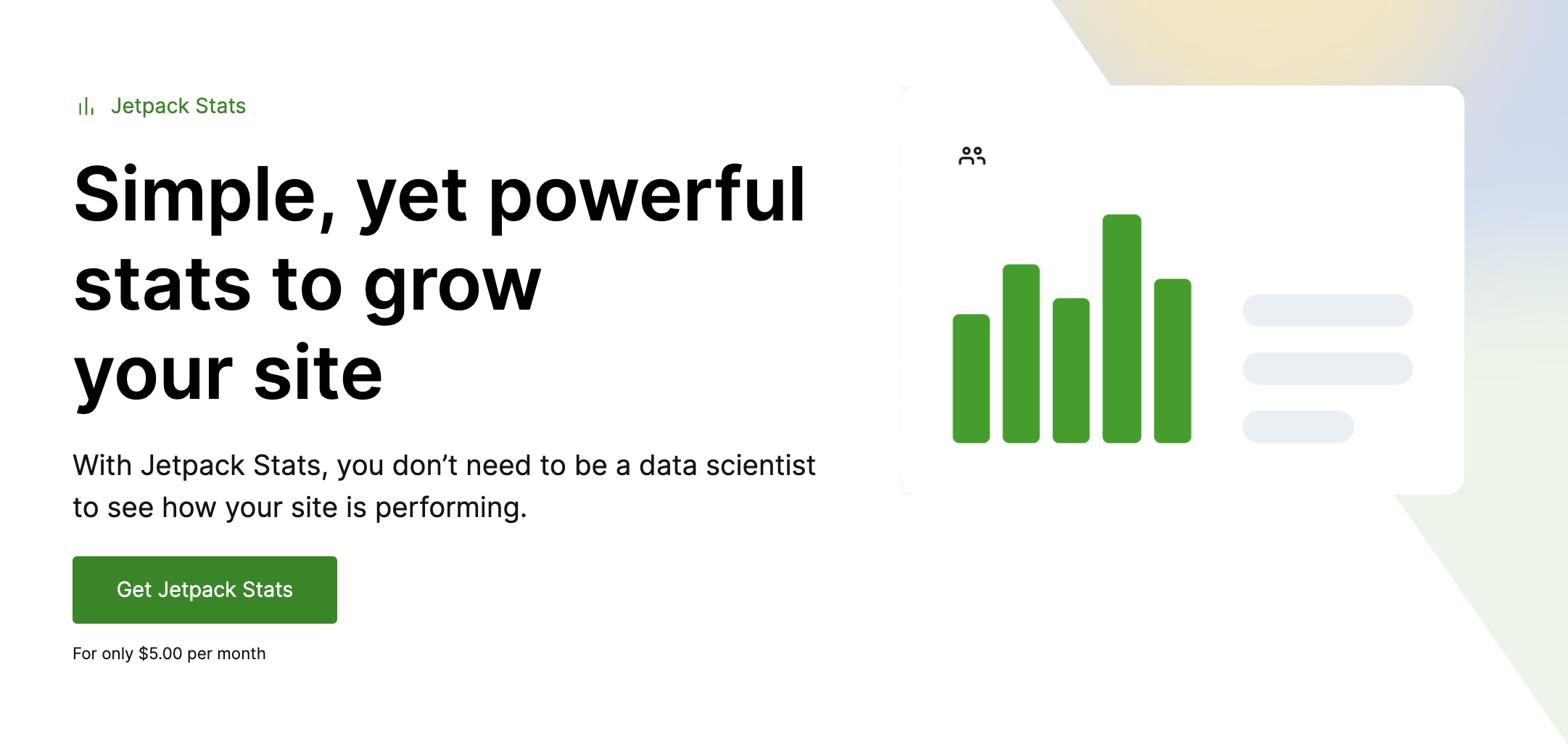 Jetpack Stats-Homepage mit dem Text „Einfache, aber leistungsstarke Statistiken zum Ausbau Ihrer Website.“