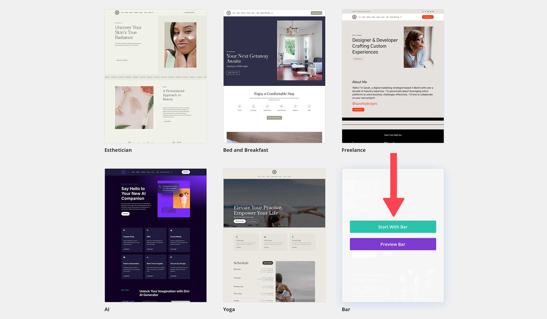 Divi için bar başlangıç ​​sitesi