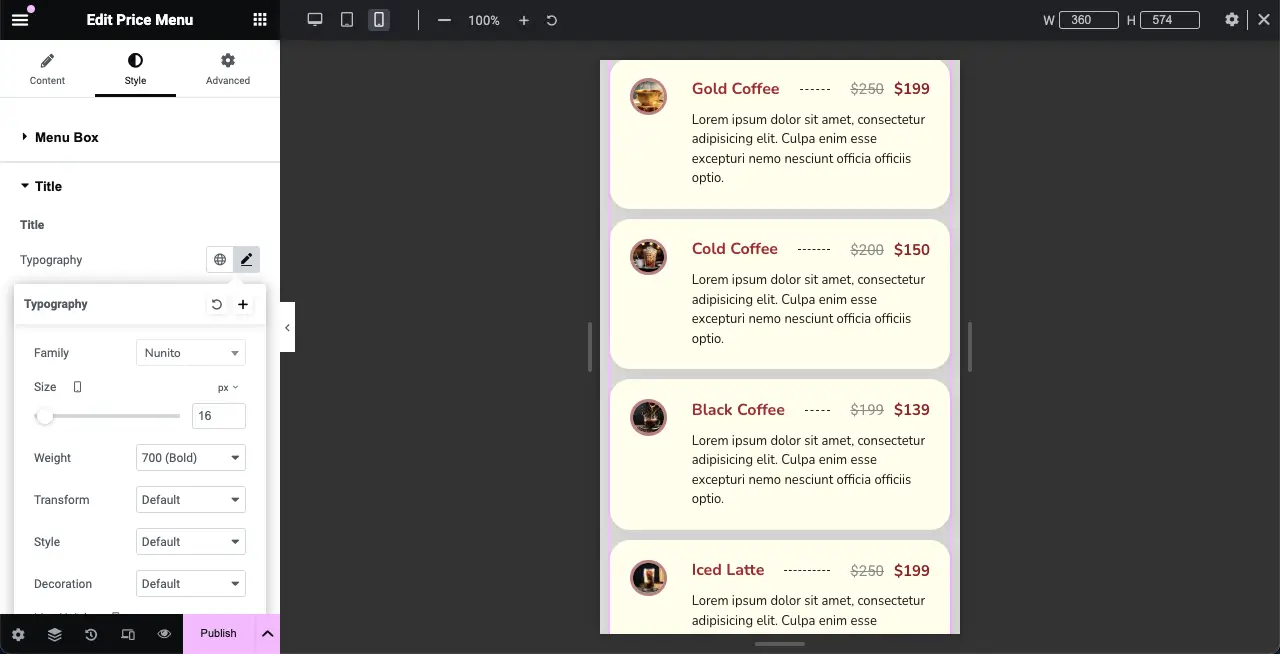 Customize elements of the price list for making it mobile responsive