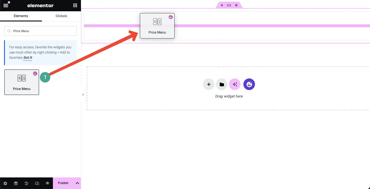 Drag and drop the Price Menu widget to the Elementor Canvas