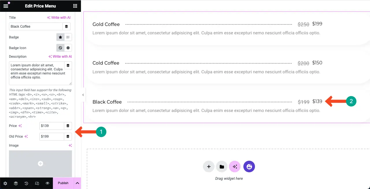 Add product price to new item in the price list