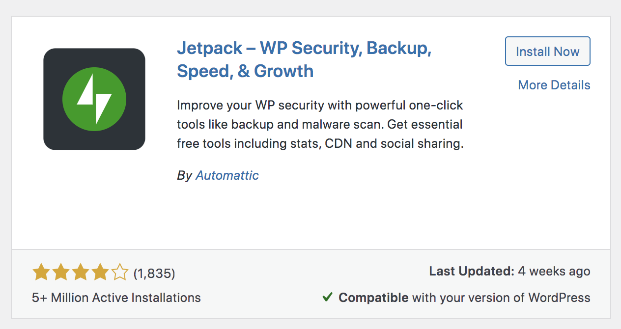 WordPress ダッシュボードに表示される WordPress プラグイン リポジトリから表示される Automattic の Jetpack。