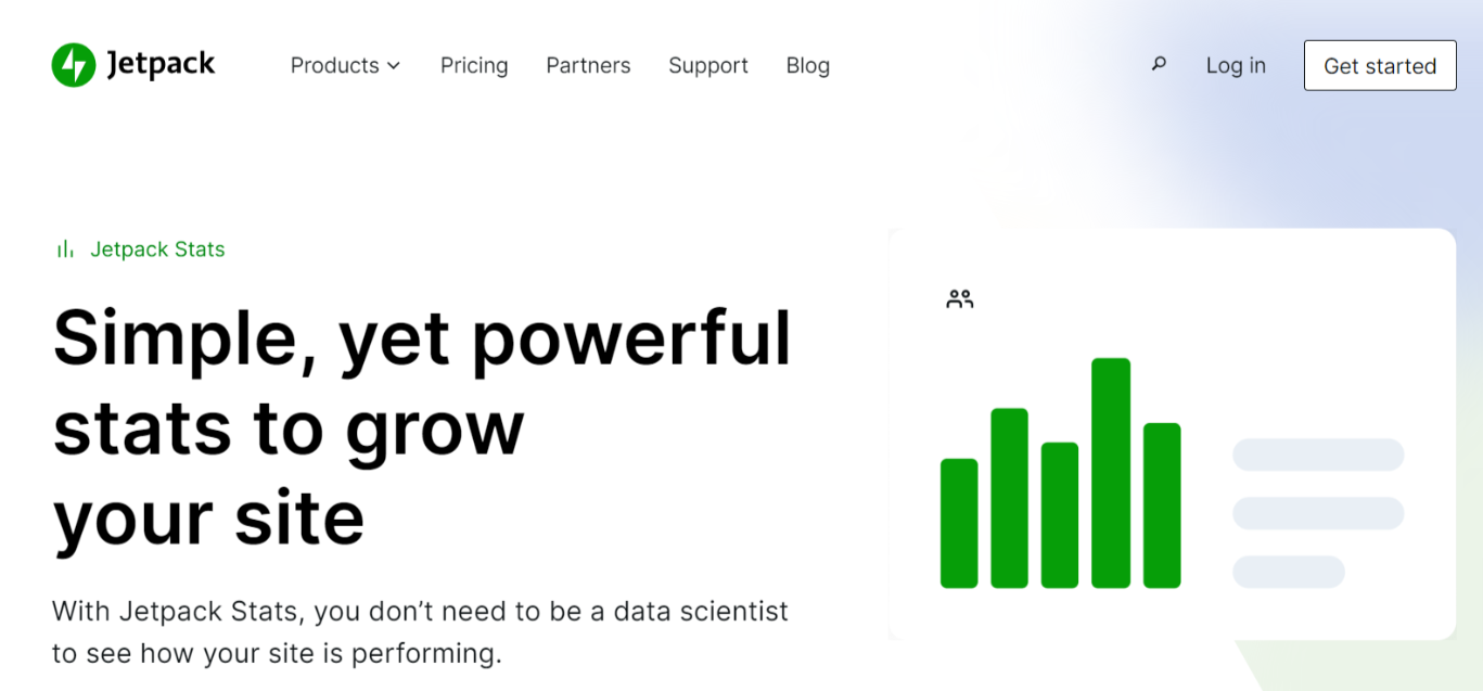 タイトル、段落、データ視覚化グラフィックを備えた Jetpack Stats ホームページのヒーロー。