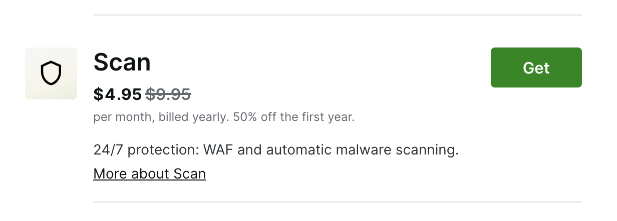 Jetpack Scan プラグインは、初年度の 50% 割引と 24 時間 365 日の保護を宣伝します。