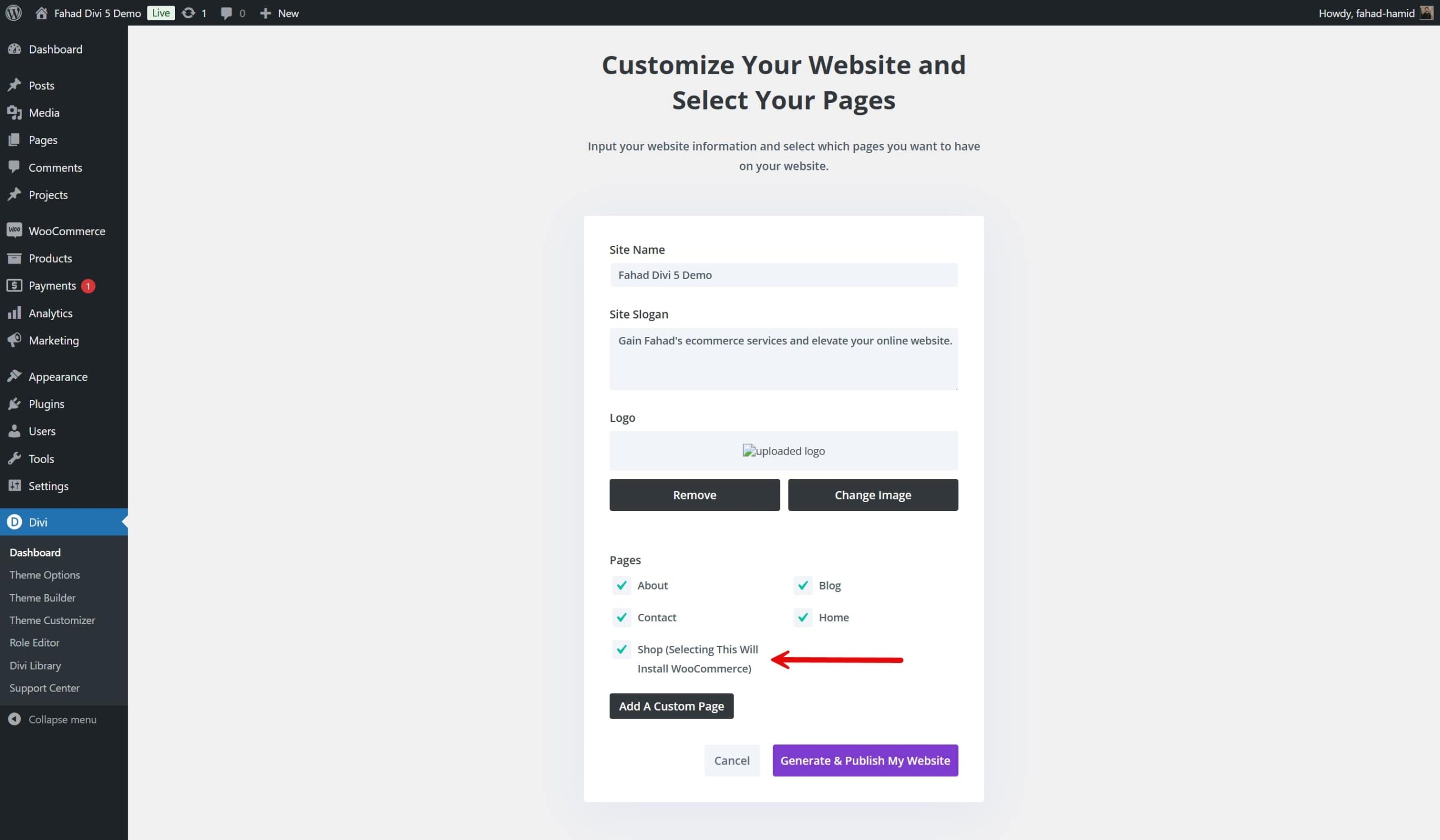 divi クイック サイト woocommerce オプション