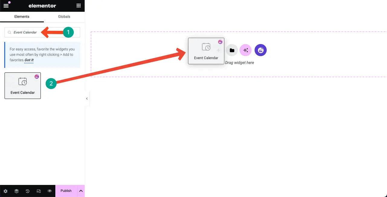 Drag and Drop the Event Calendar Widget to the Elementor Canvas: How to Create an Event Calendar 