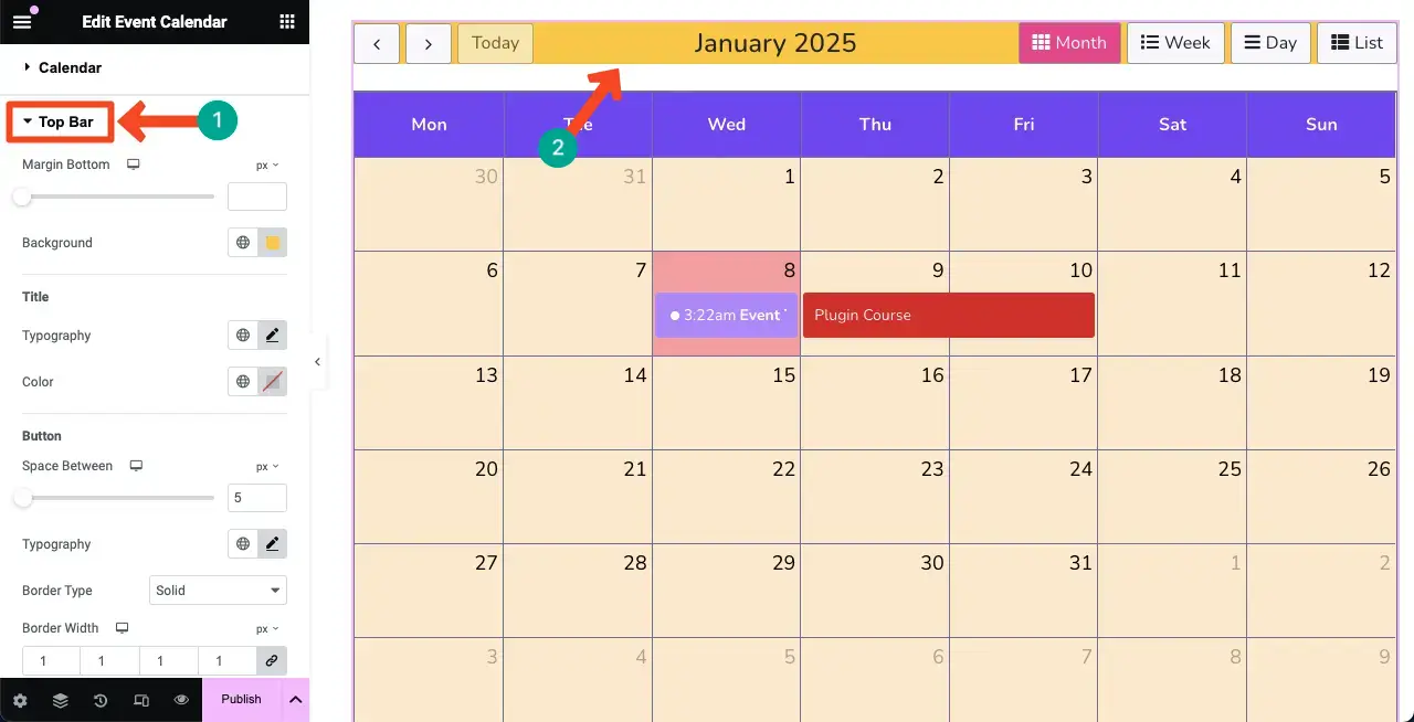 Stylize the Top Bar of the Event Calendar