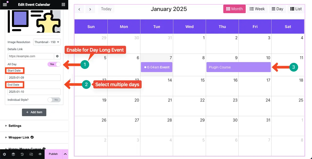 For multi-day events, select the days from which the event will run