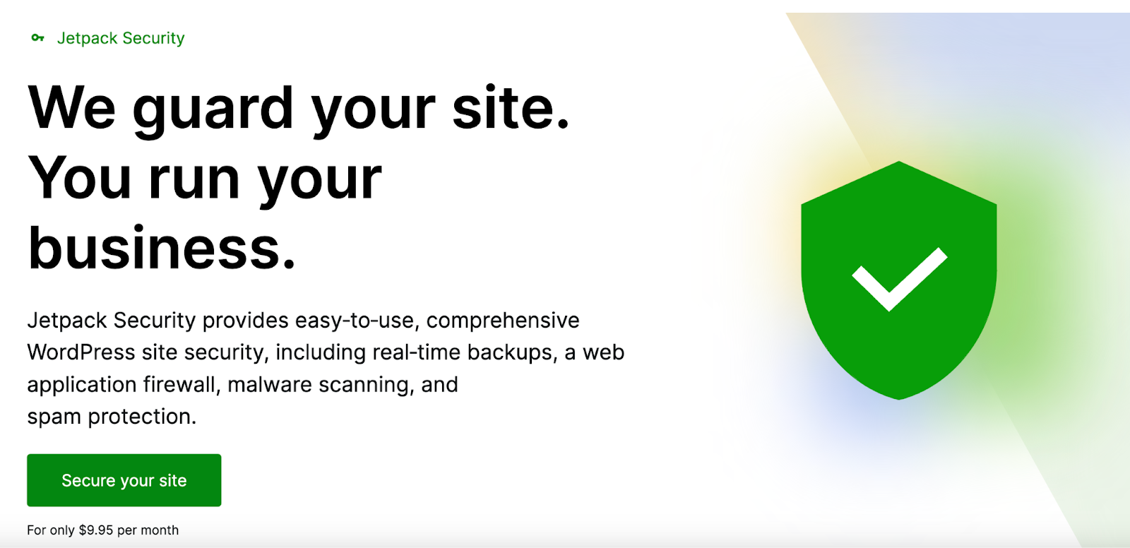 Héros de la page d'accueil de Jetpack Security avec titre, paragraphe et appel à l'action « sécurisez votre site ».