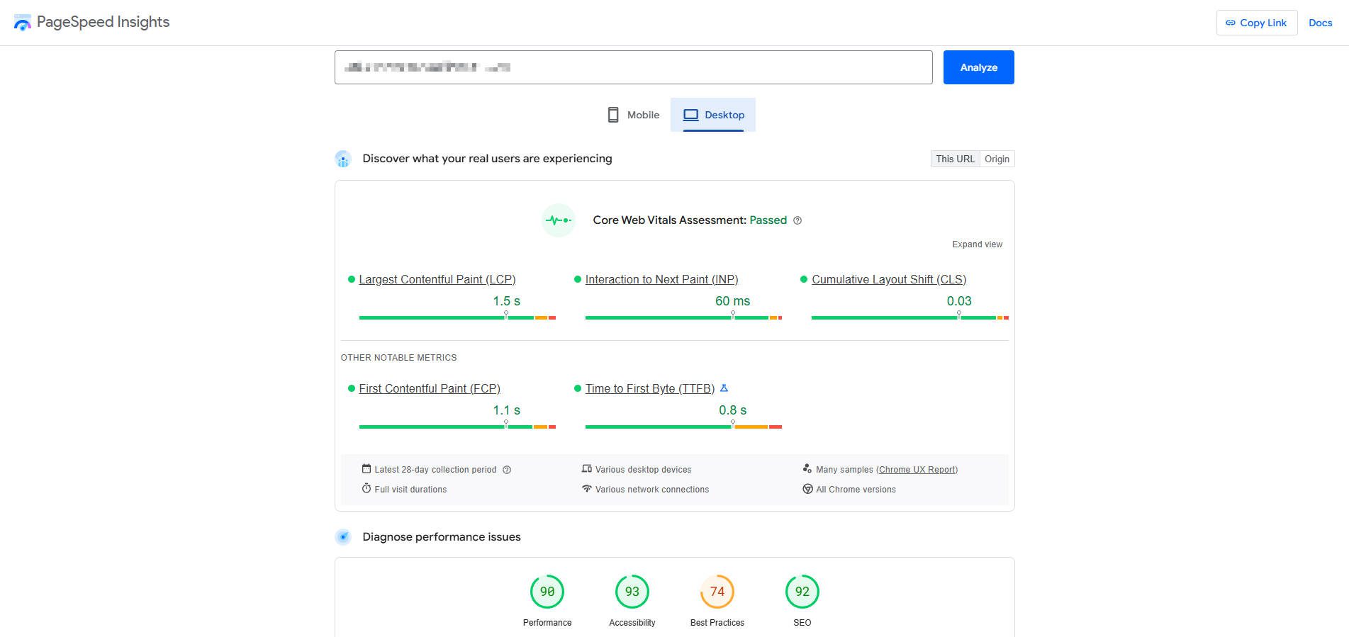 Dasbor PageSpeed ​​Insights dari Google