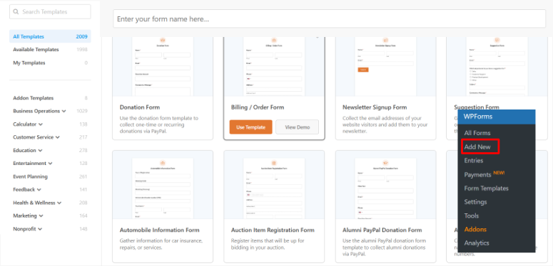 wpforms templates page