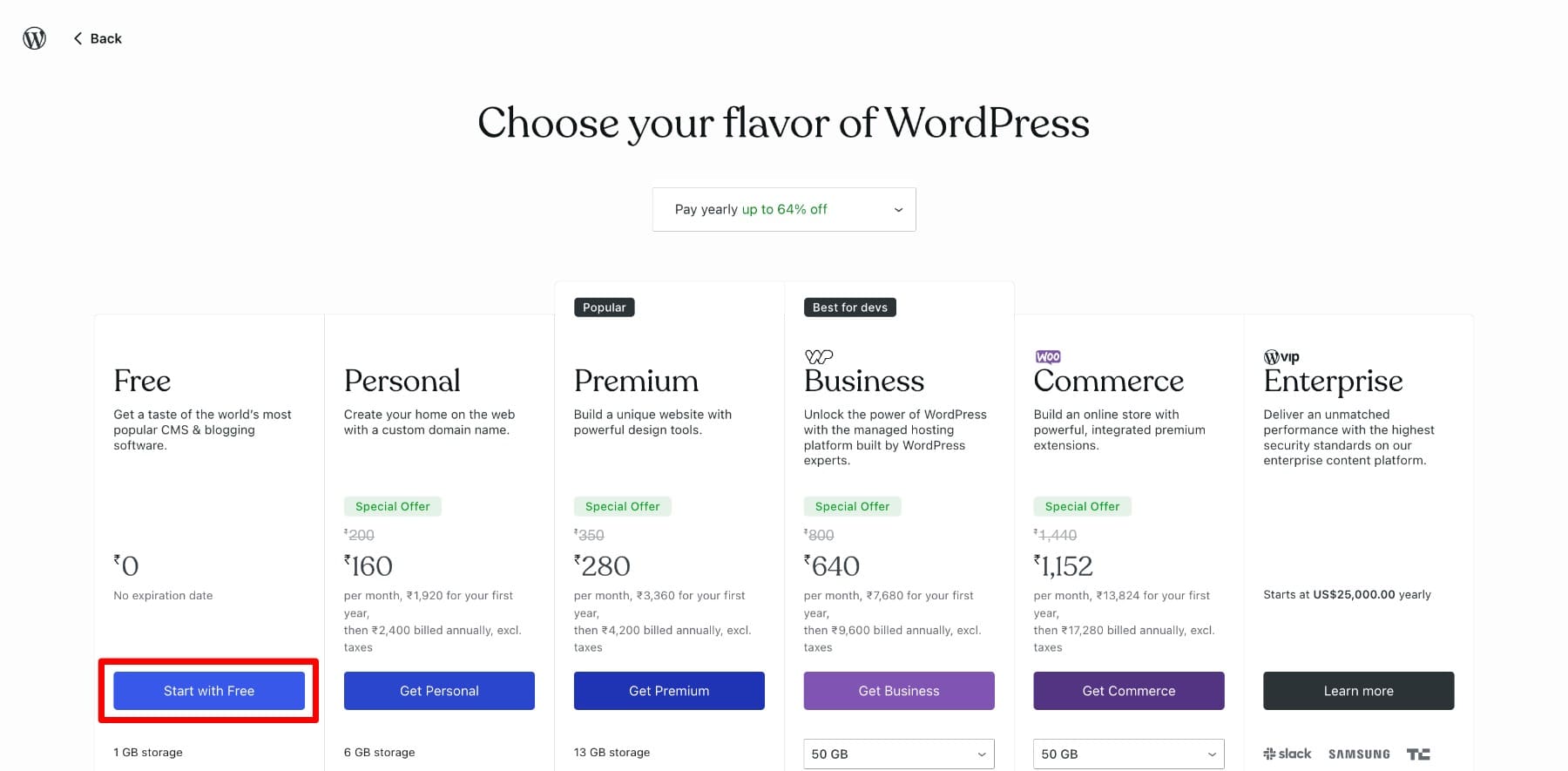 Escolha o plano gratuito no WordPress