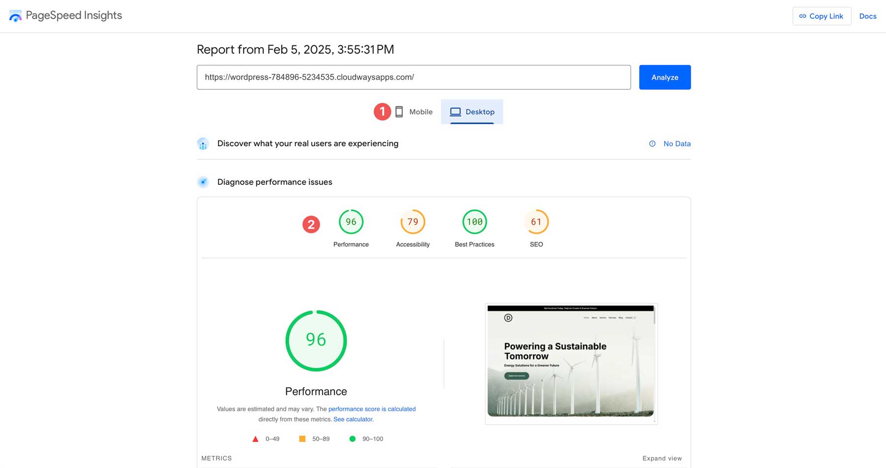 Resultados dos testes de velocidade da página do google