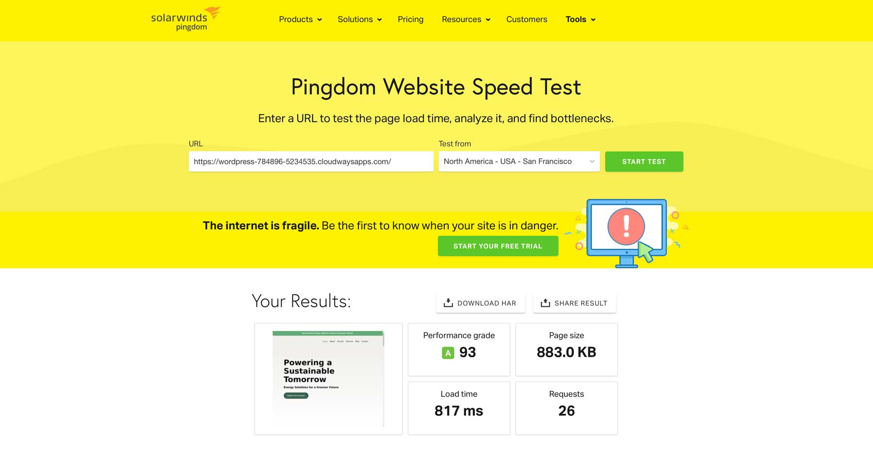 Teste de velocidade do site pingdom