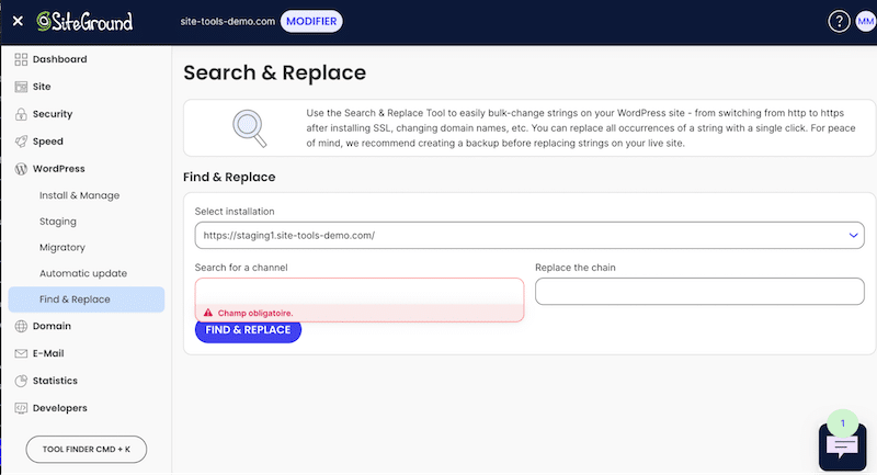 Abra a ferramenta de localização e substituição - Fonte: Meu Siteground