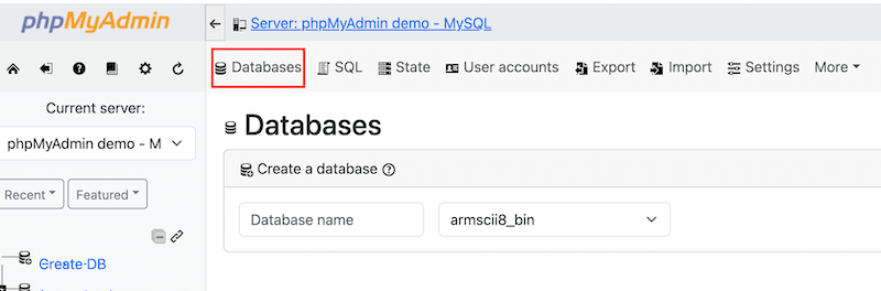 Abra a guia Bancos de dados - Fonte: Phpmyadmin