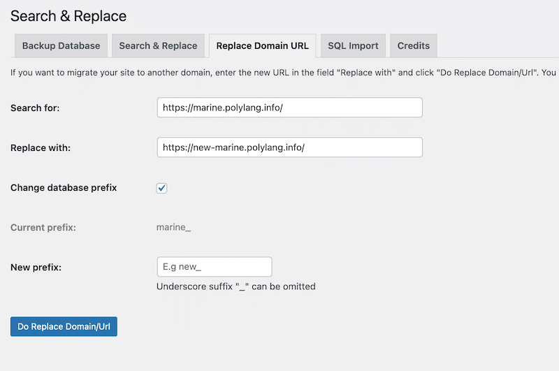 Pesquise e substitua domínios e URLs no WordPress - Fonte: Pesquise e substitua o administrador