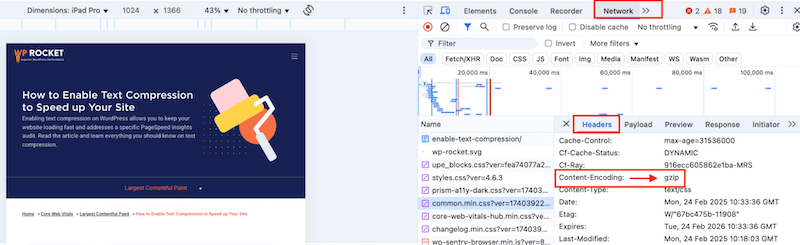 Verificarea dacă GZIP este activat prin intermediul Instrumentelor Dev - Sursa: WP Rocket