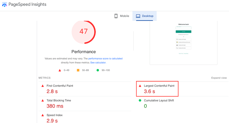 Grad LCP - Sursa: Insights PageSpeed