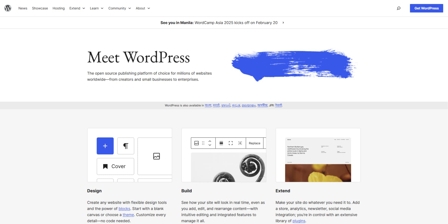 Uno screenshot della homepage di WordPress