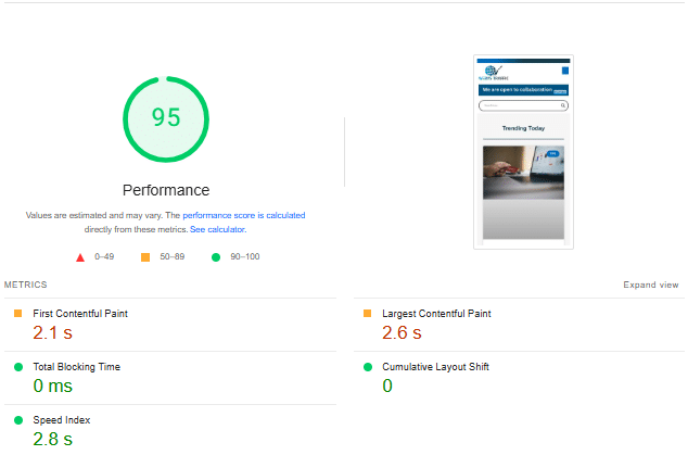 Hasil wawasan pagespeed dari seluler setelah roket wp