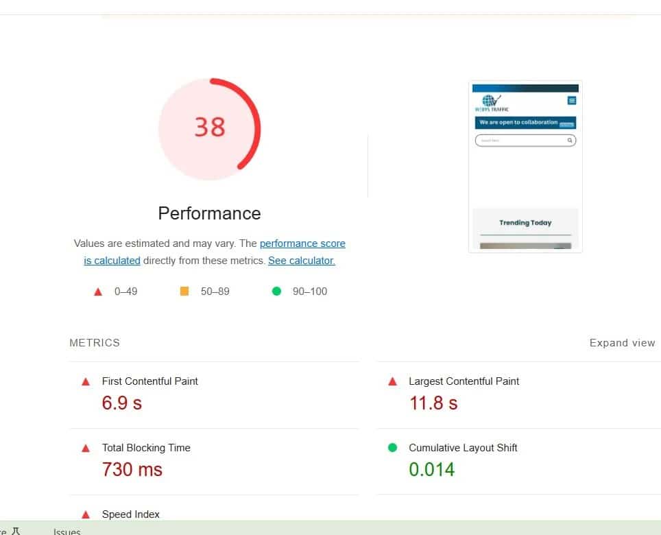 PagesPeed Insights resulta do celular antes do WP Rocket