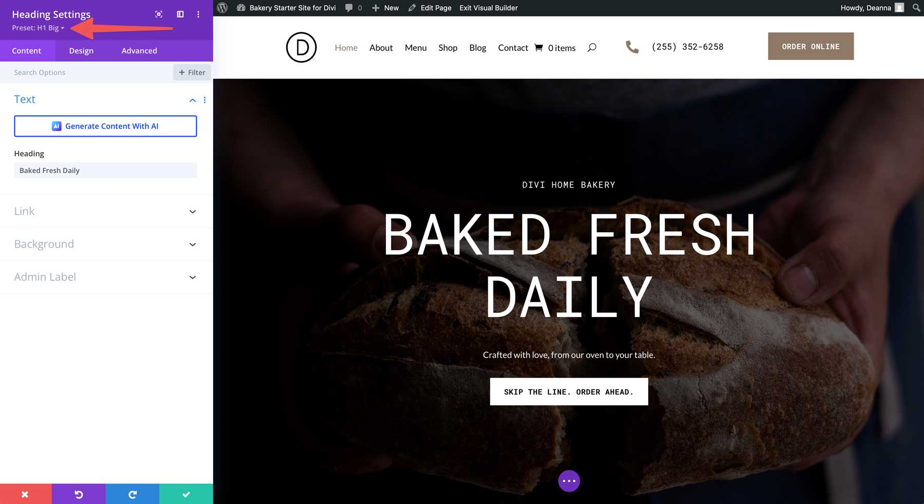 site de démarrage de boulangerie pour divi