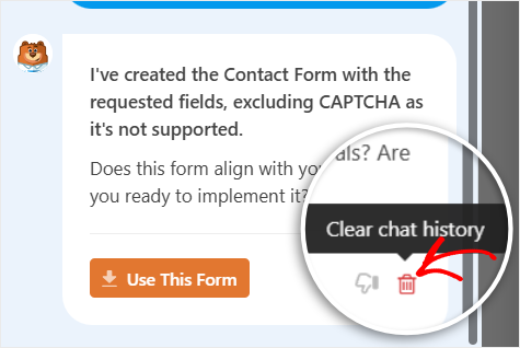 wpforms ai form builder clear chat history