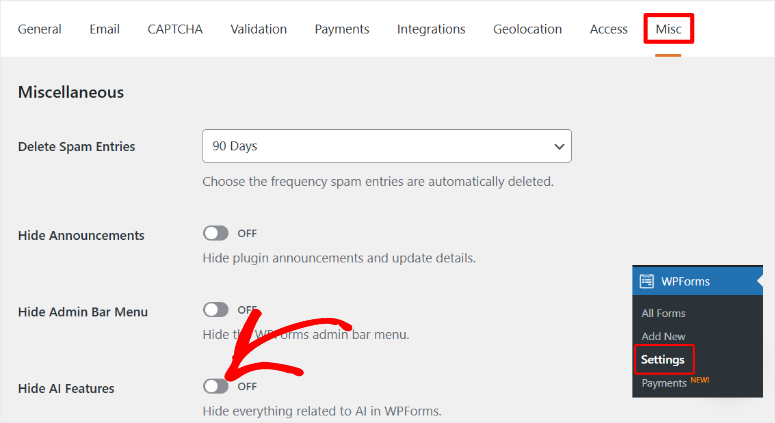 wpforms hide ai features