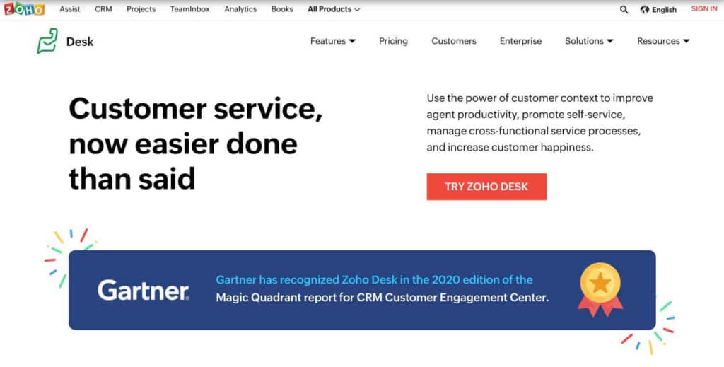 Homepage of Zoho Desk - a great solution for small businesses