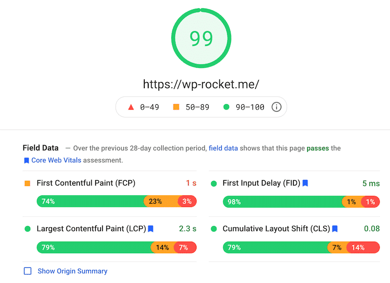 Core Web Vitals Dane w Pagespeed Insights