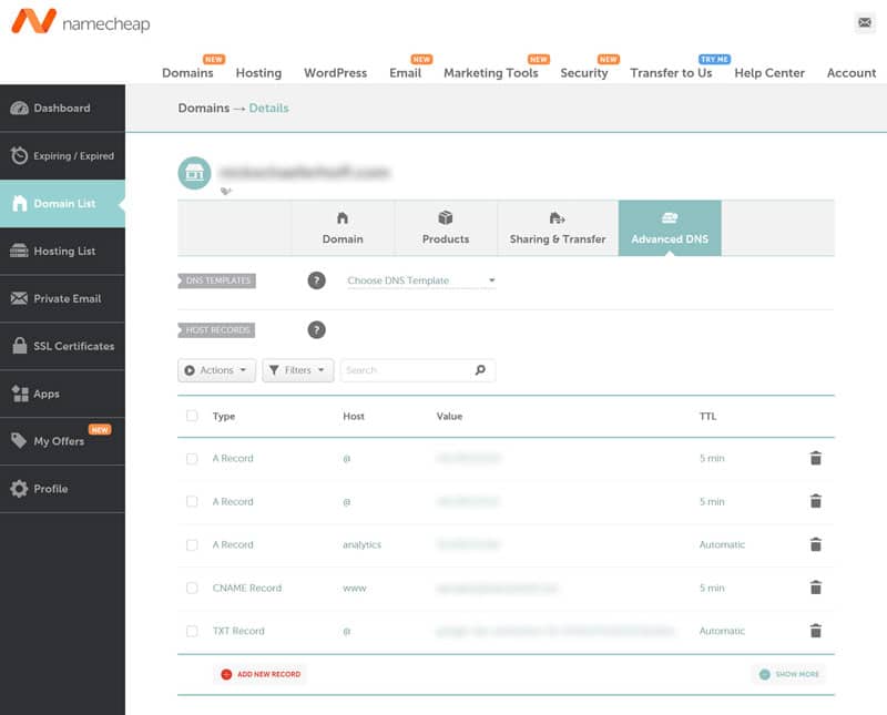 مثال على إعدادات DNS مسجل المجال