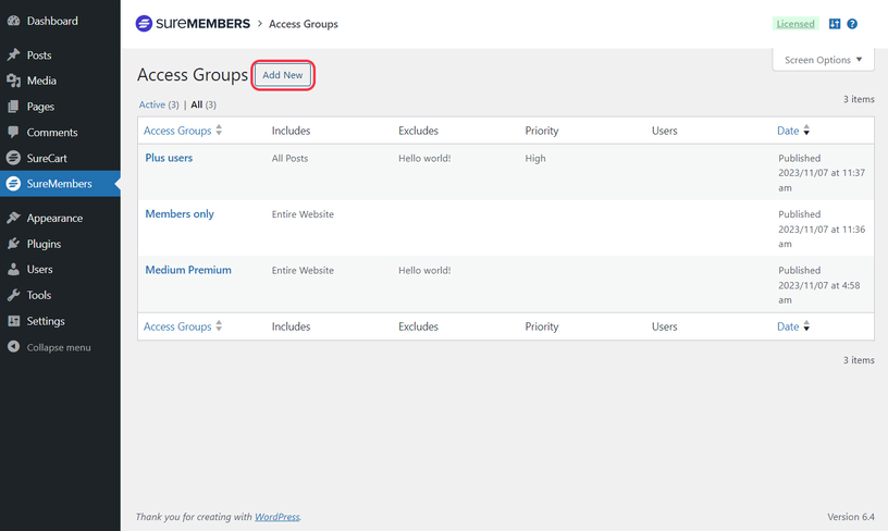 Screenshot della schermata di controllo del gruppo Access Suremembers in WordPress.