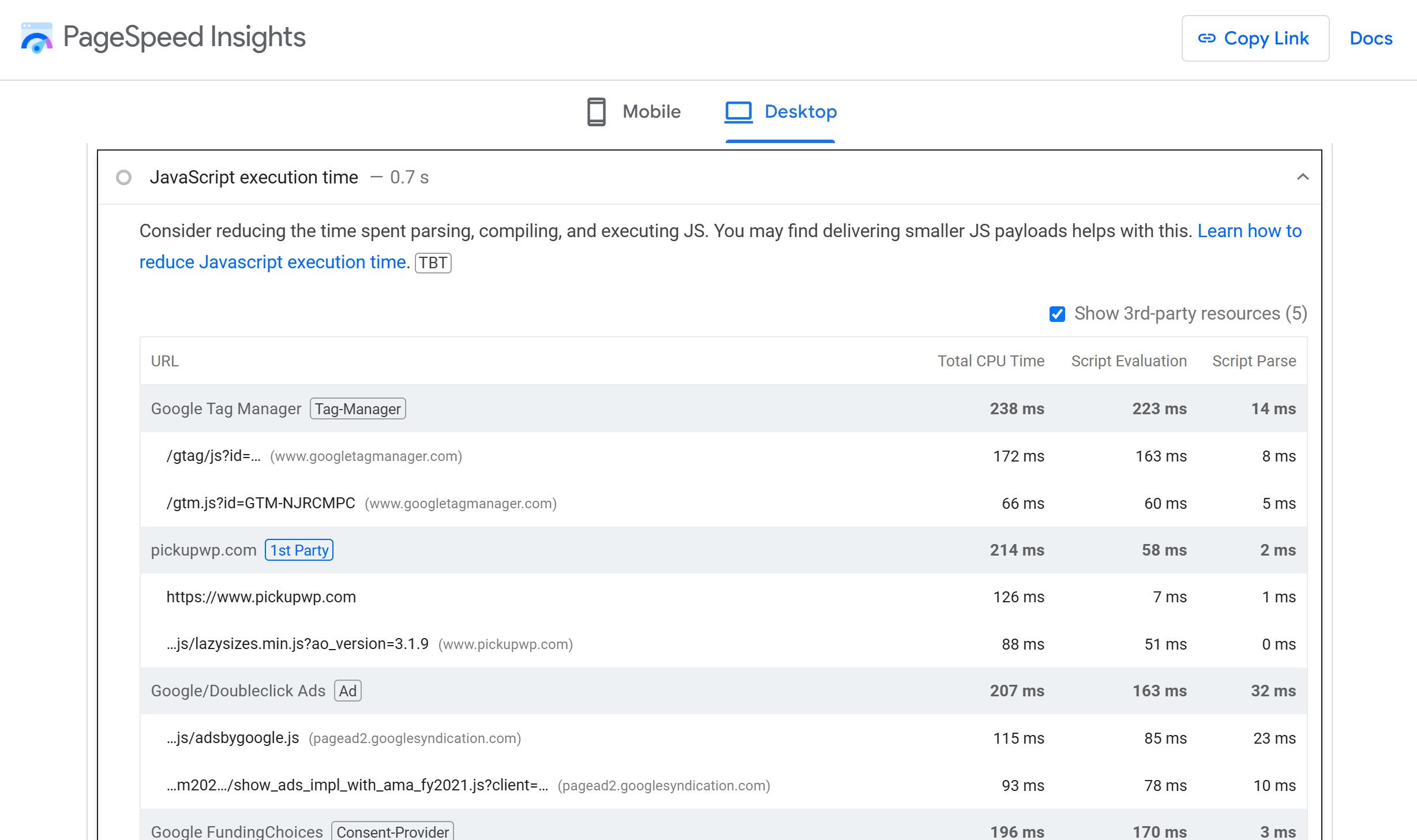 Pagespeed Insights Temps d'exécution javascript