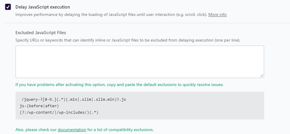 WP Rocket Delay JavaScript -Ausführungsoption