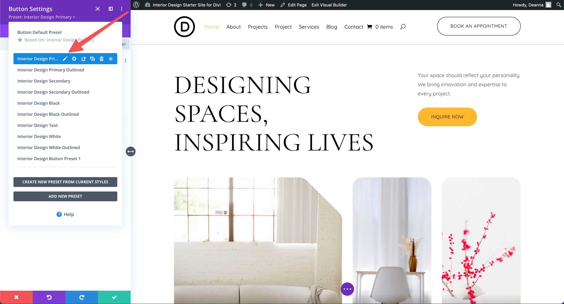 Site inicial de design de interiores para divi