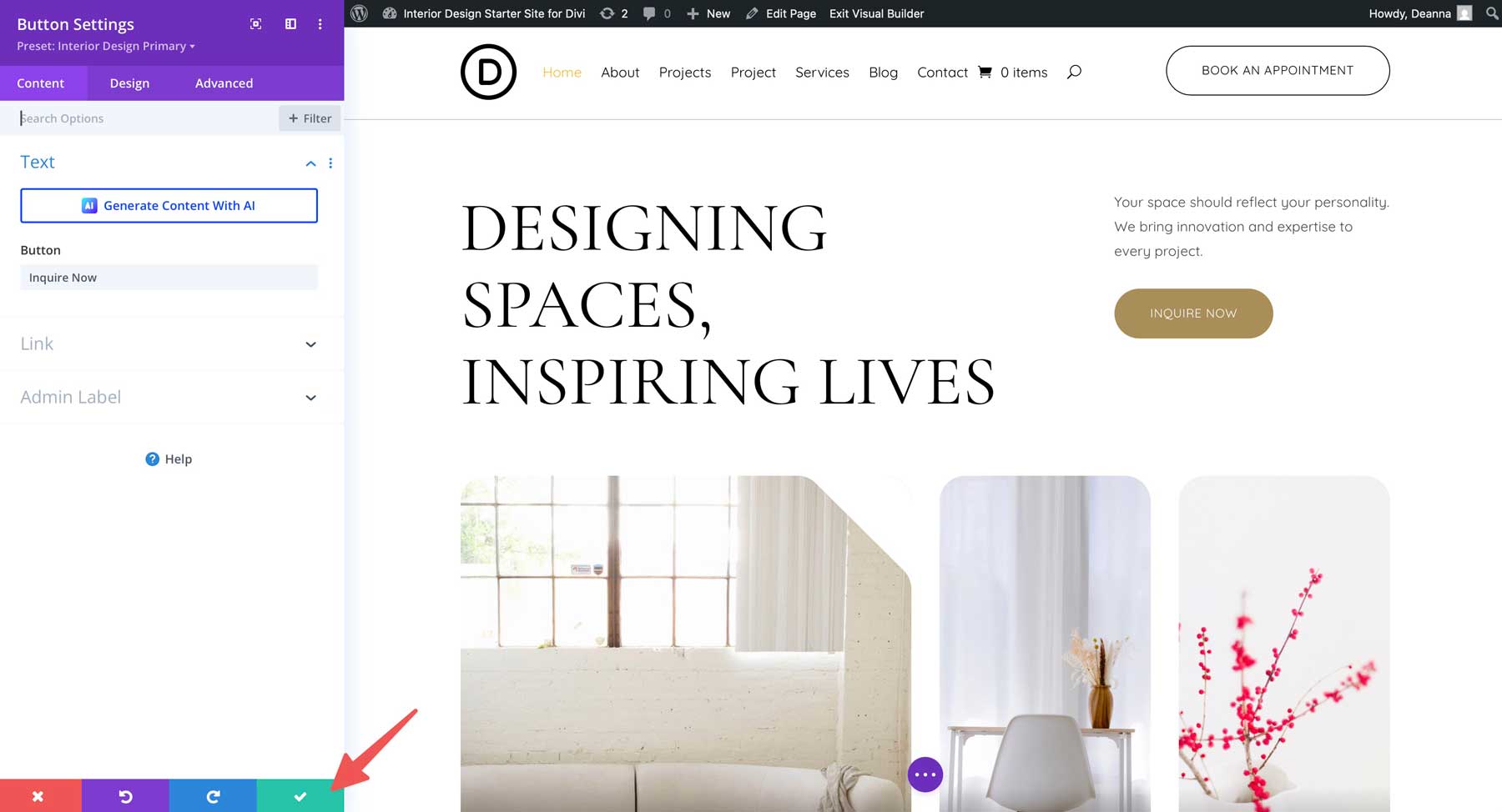 Site inicial de design de interiores para divi