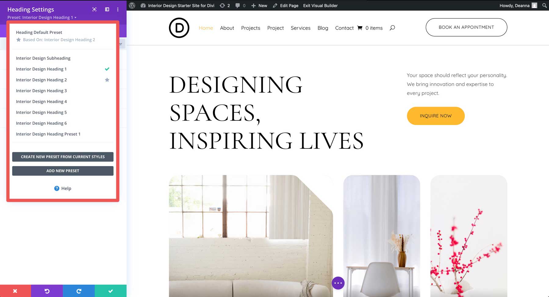 Site inicial de design de interiores para divi