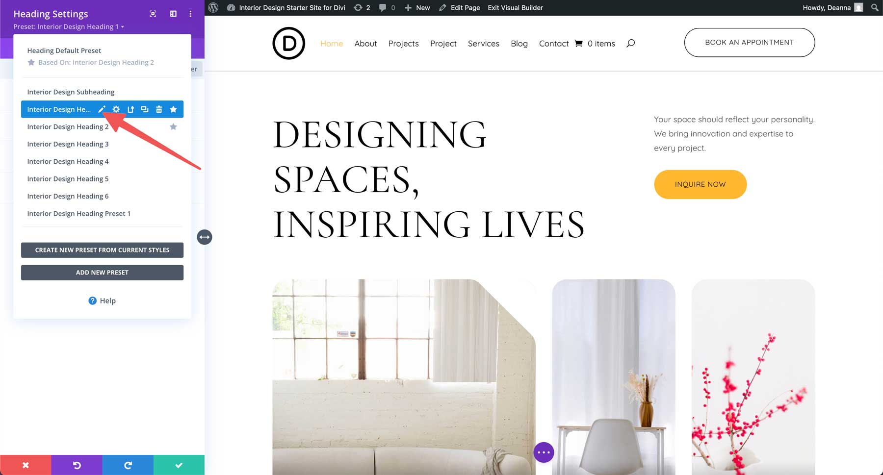 Site inicial de design de interiores para divi