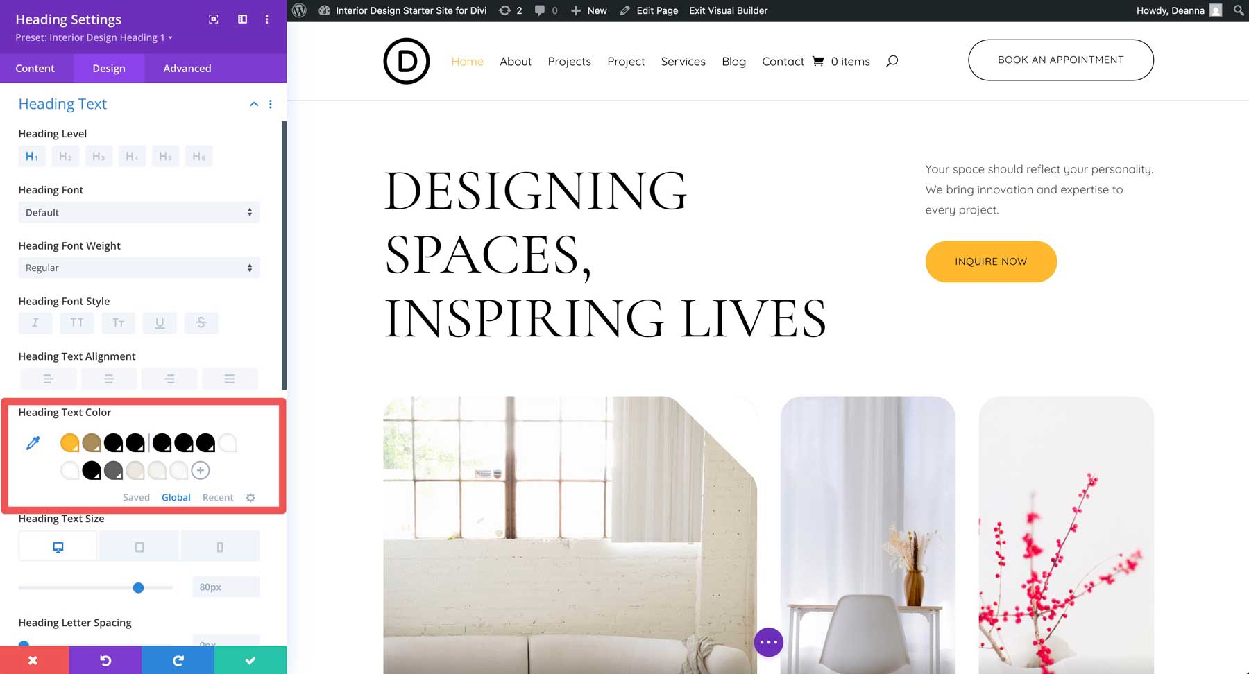 Site inicial de design de interiores para divi