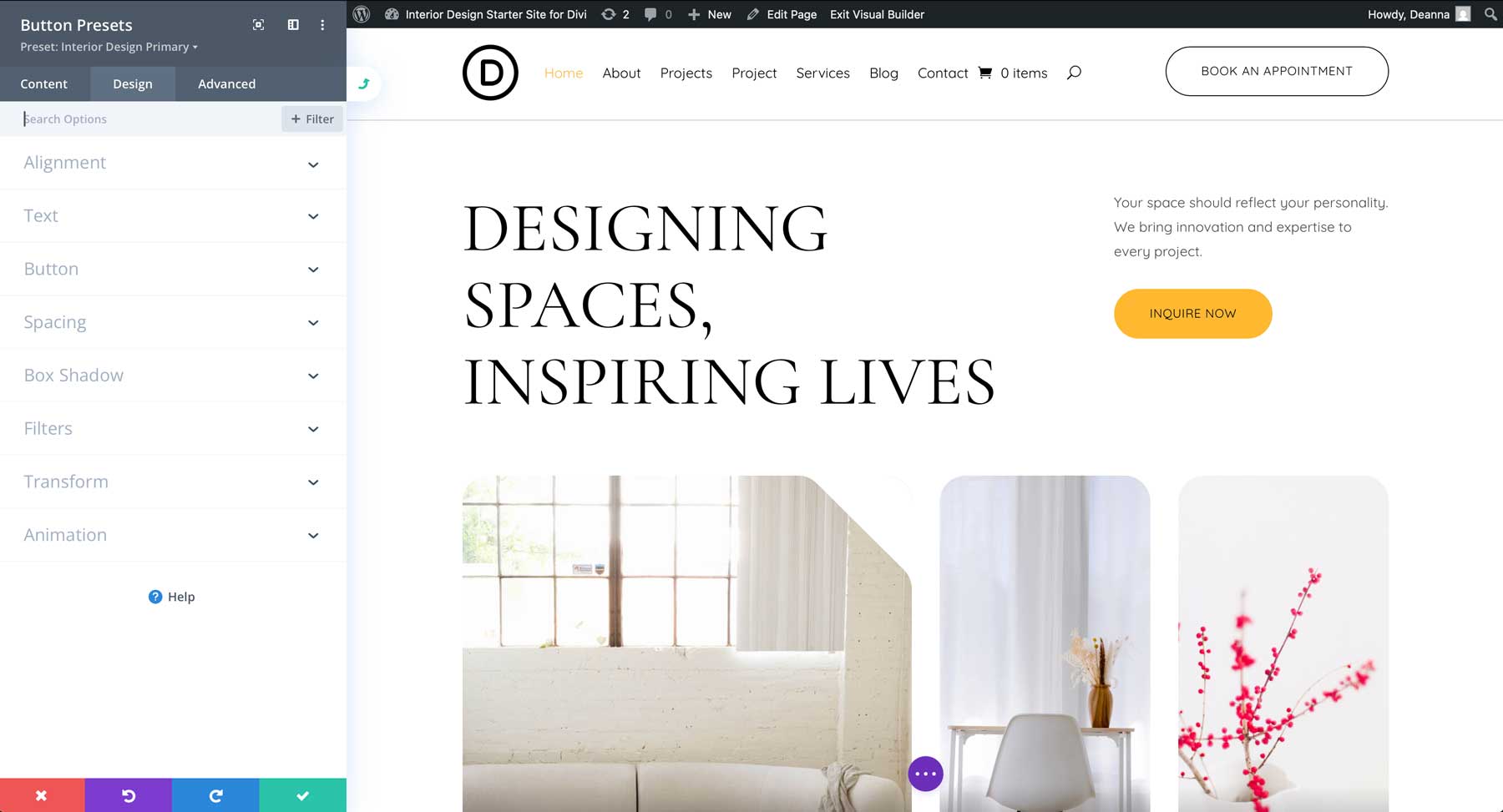 Site inicial de design de interiores para divi