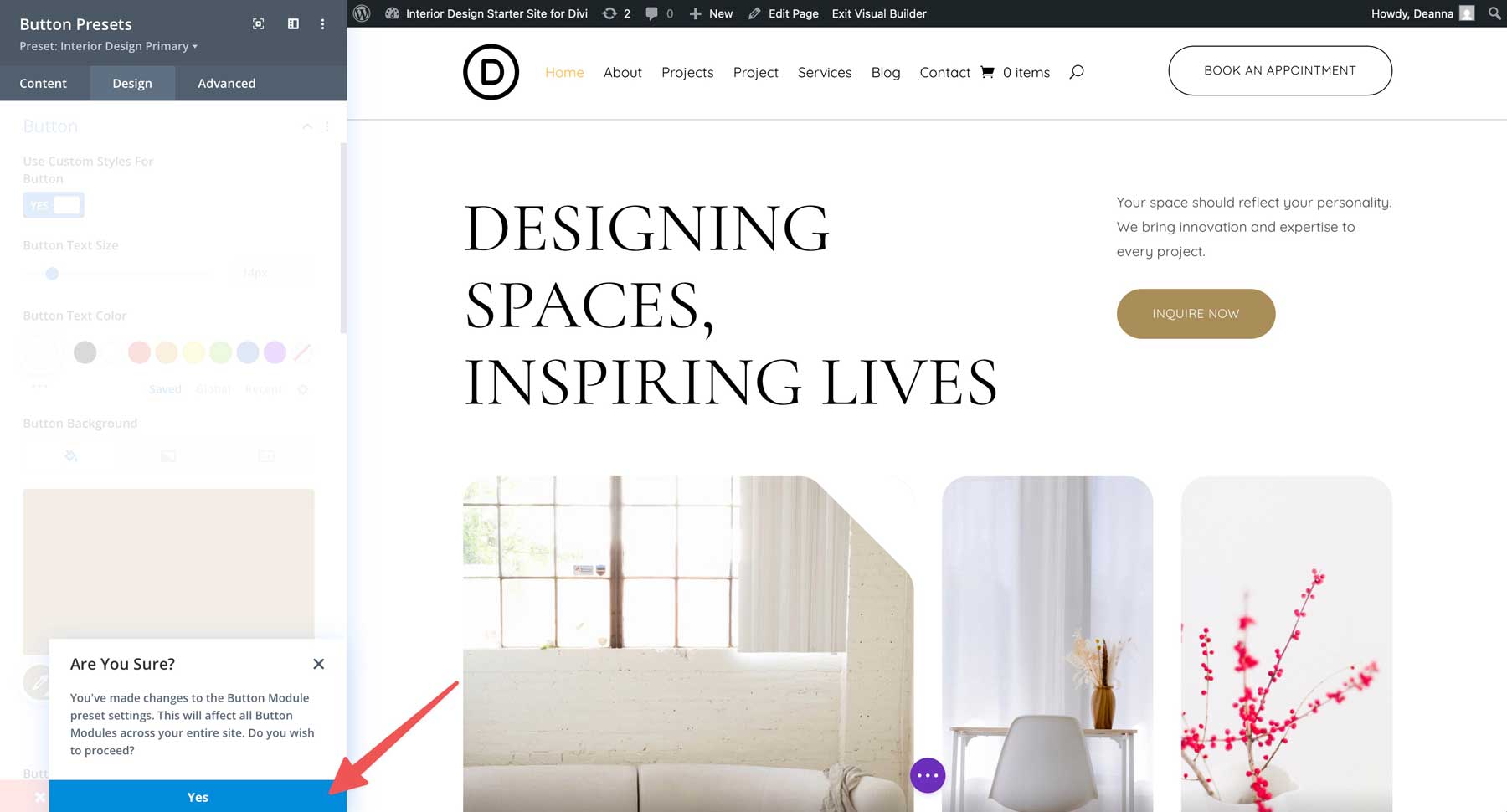 Site inicial de design de interiores para divi