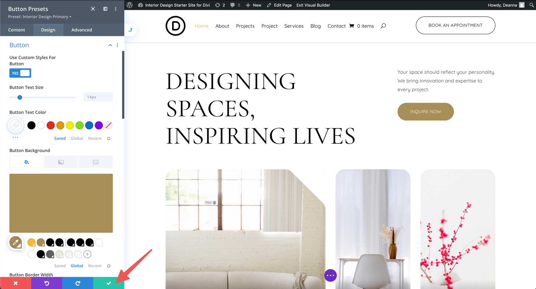 Site inicial de design de interiores para divi