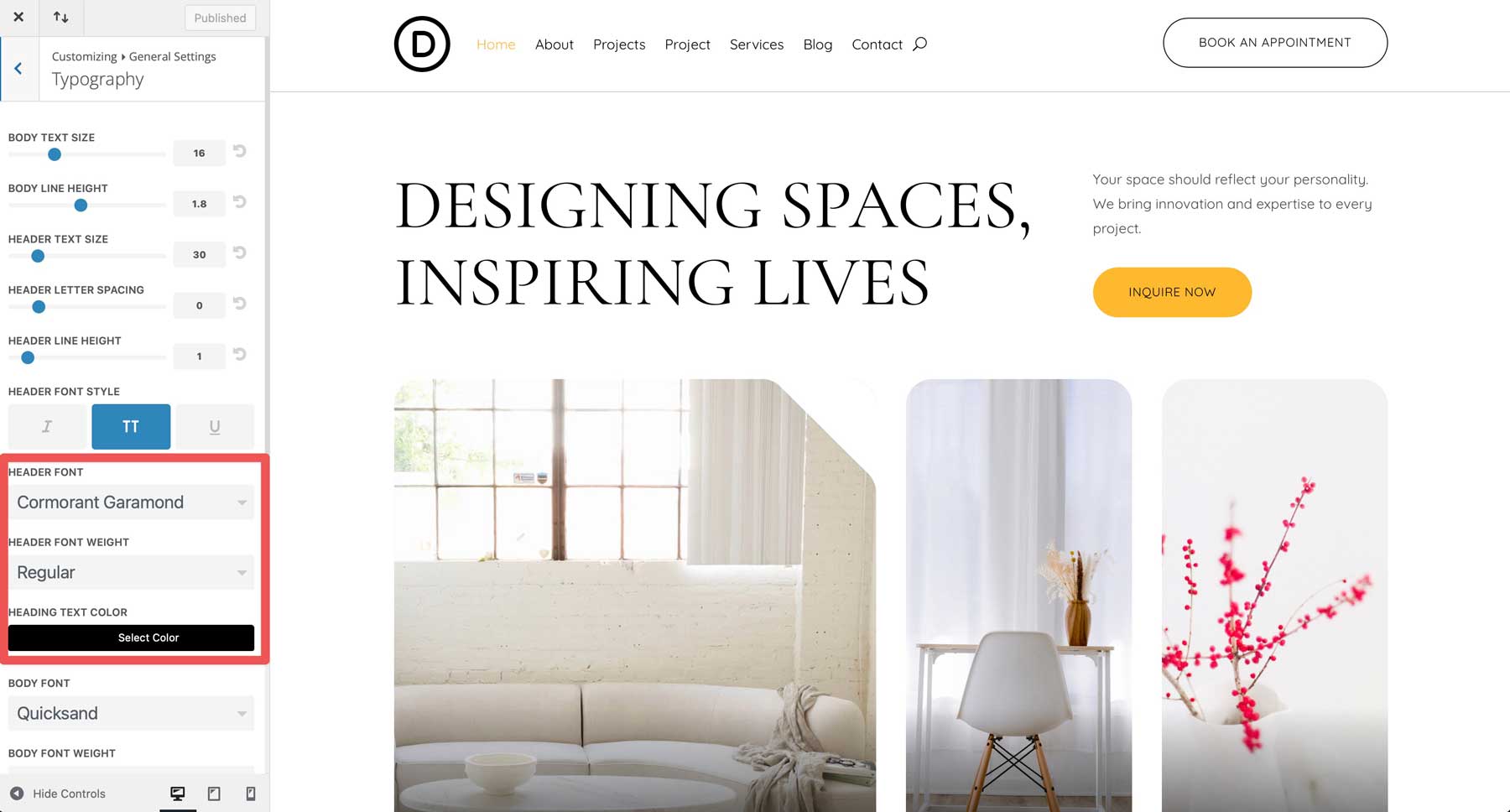 Site inicial de design de interiores para divi