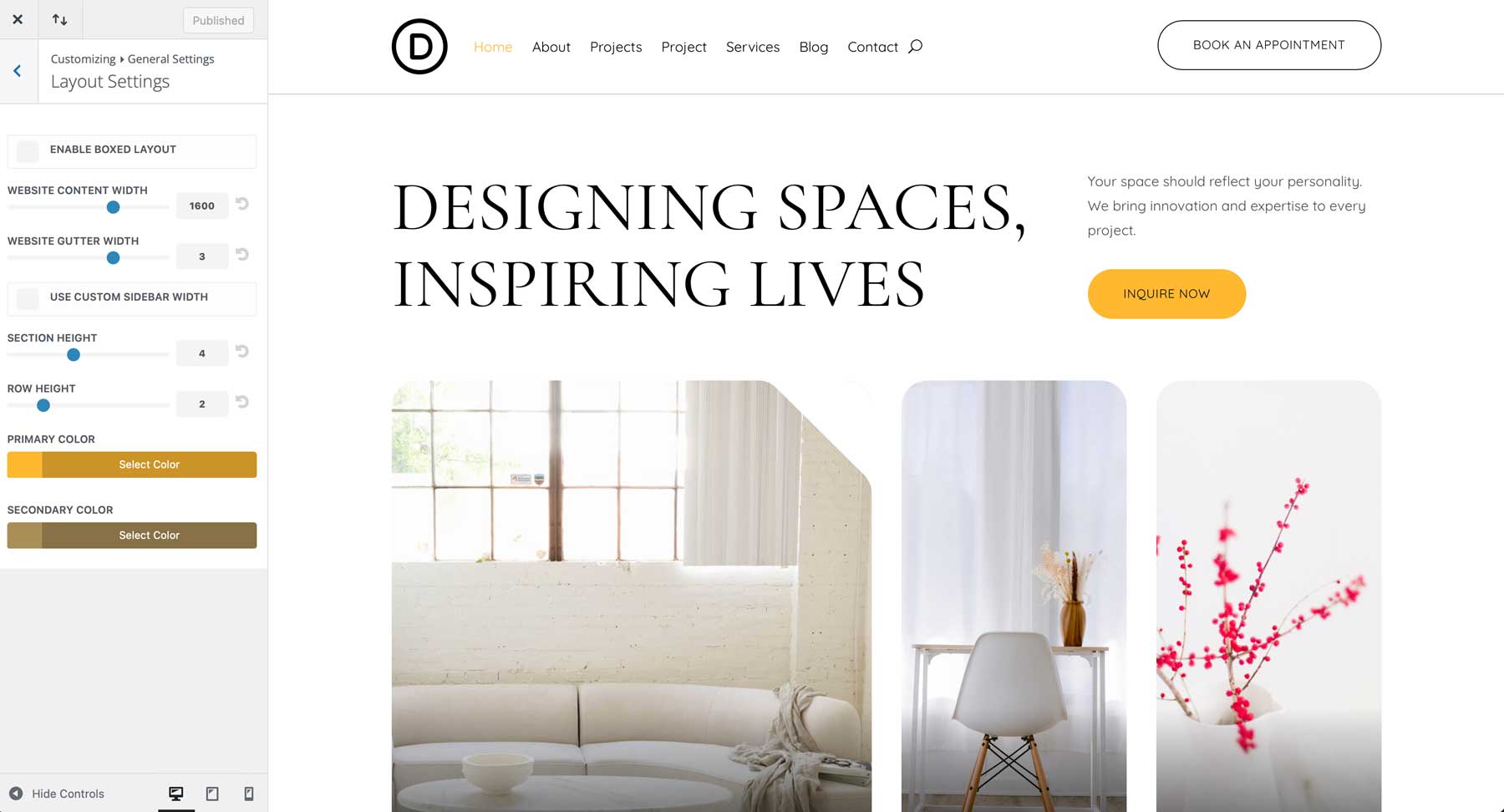 Site inicial de design de interiores para divi