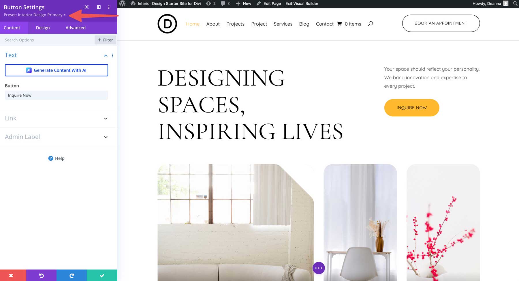 Site inicial de design de interiores para divi