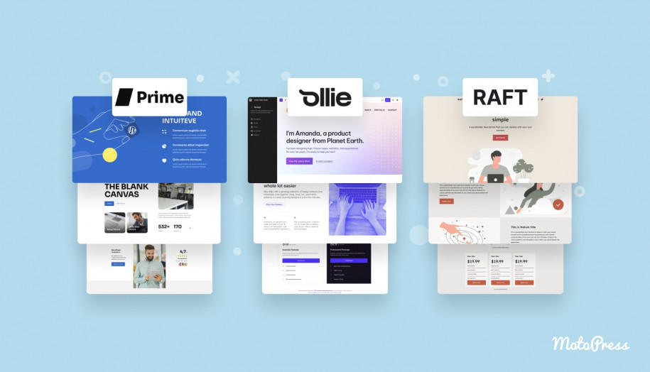 RAFT vs Ollie vs Prime WordPress Block Themes.