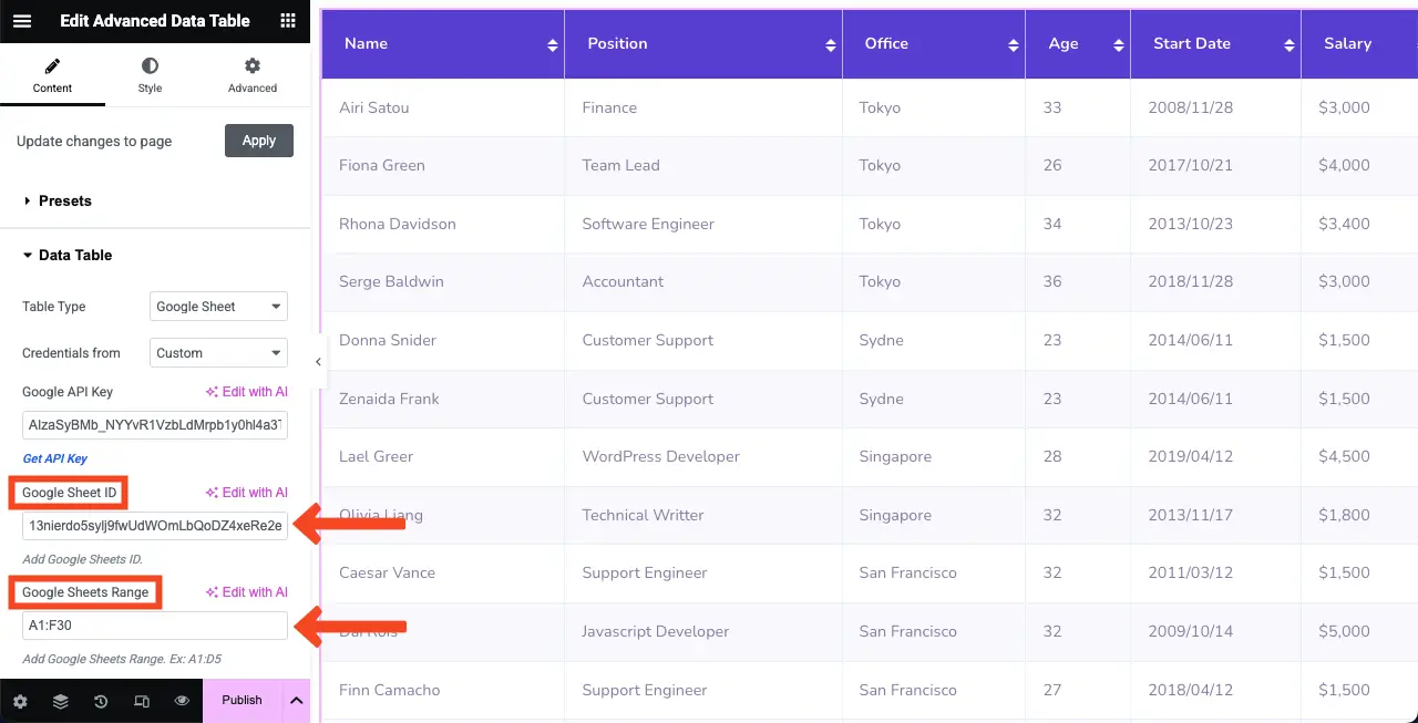 Cómo incrustar una hoja de Google en la tabla de WordPress y hacerlo ordenable 11 Add Google Sheet ID and Google Sheet Range
